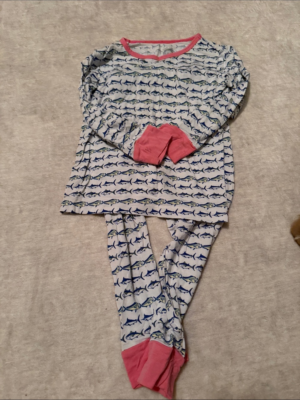 Kids fish Print Pajama Set in White, Blue & Pink Trim